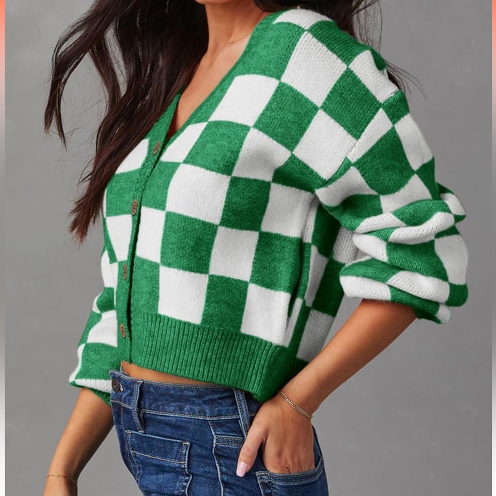 Green and White Checkered Women's Sweater
